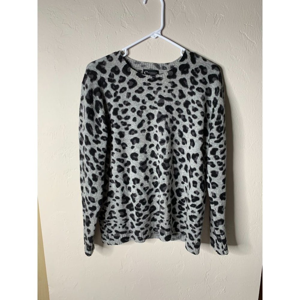 C by Bloomingdales100% 2-PLY Cashmere Leopard Animal Print Gray Sweater SZ M